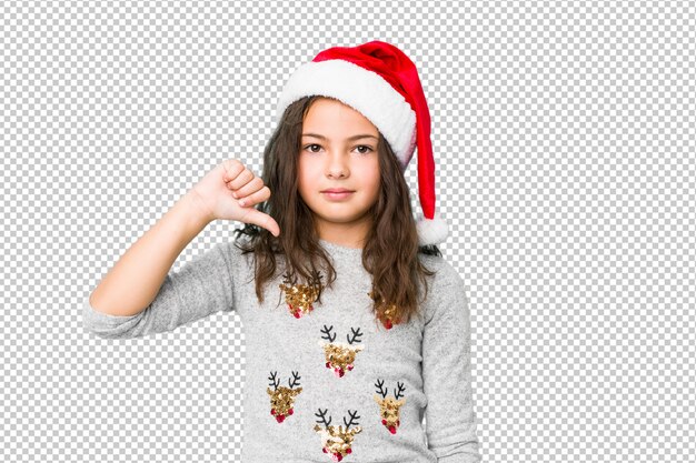 PSD petite fille fête le jour de noël montrant un geste d'aversion, pouce en bas. concept de désaccord.