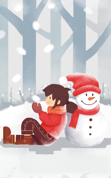PSD la petite fille d'hiver et le bonhomme de neige se font des amis illustration de scène