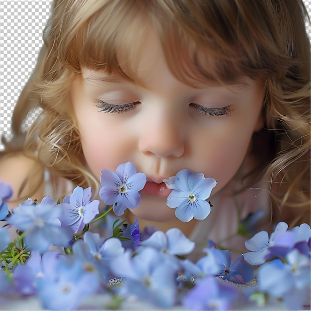 PSD une petite fille mâche des fleurs.