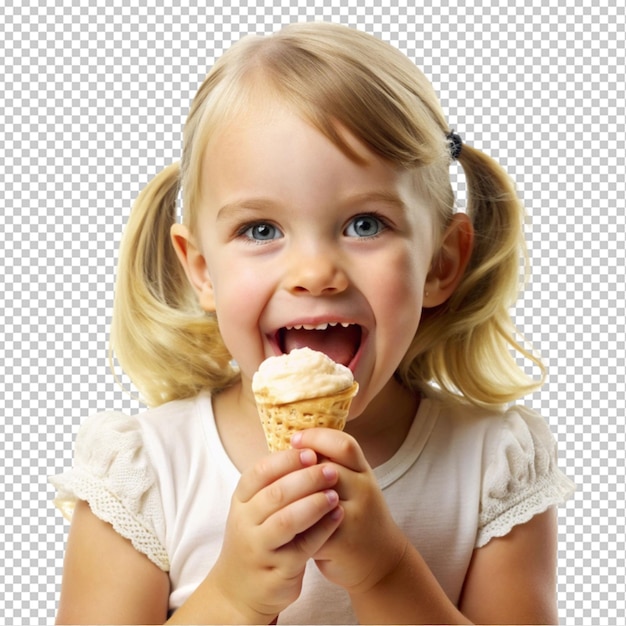 Une petite fille mangeant de la crème glacée à la vanille. Arrière-plan transparent.