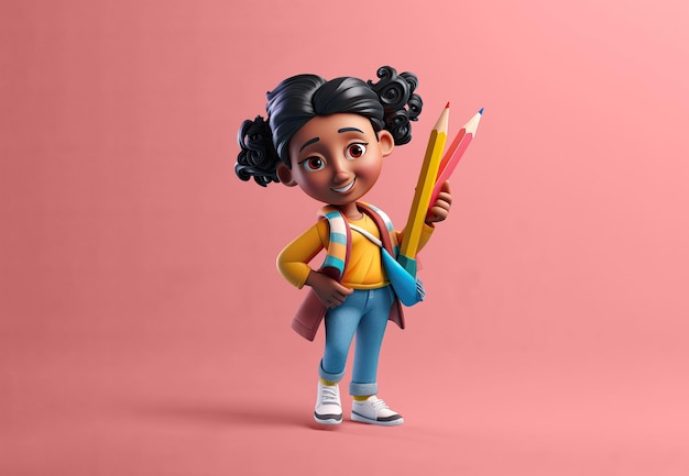 PSD une petite fille mignonne afro-américaine aux cheveux bouclés va à l'école avec des crayons suspendus