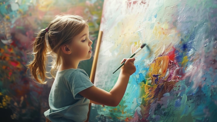 PSD une petite fille peignant sur toile