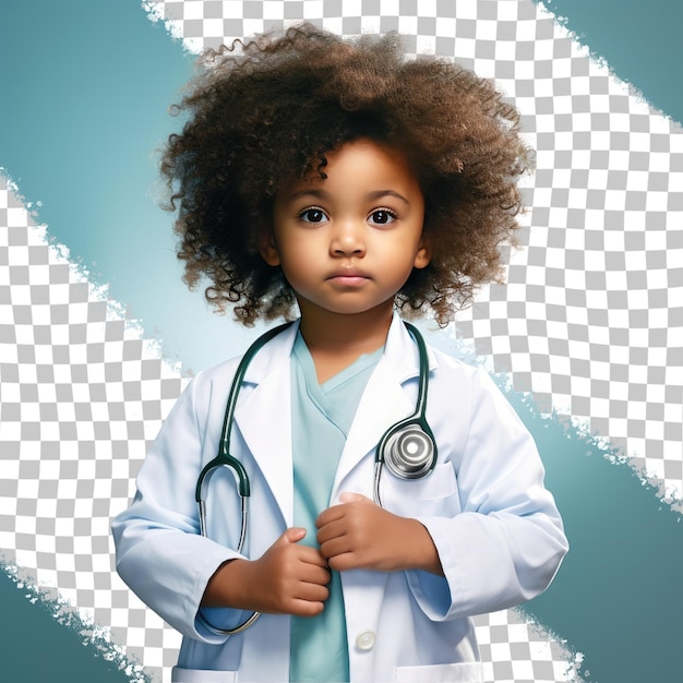 PSD une petite fille sereine avec des cheveux kinky de l'ethnie africaine habillée en tenue de pédiatre pose dans une posture sérieuse avec les bras croisés sur un fond bleu ciel pastel