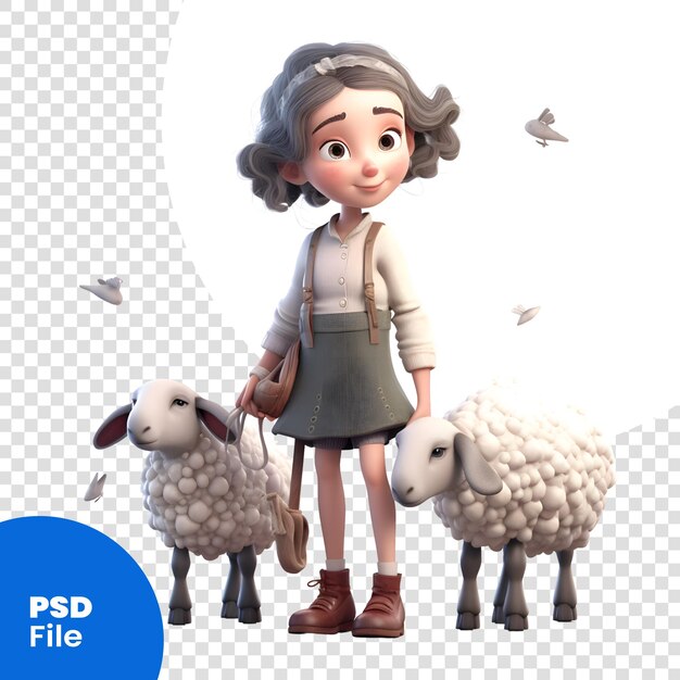 PSD petite fille avec un troupeau de moutons illustration 3d modèle psd fond blanc