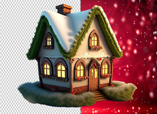 PSD petite maison arbres neige pin village chalet nature