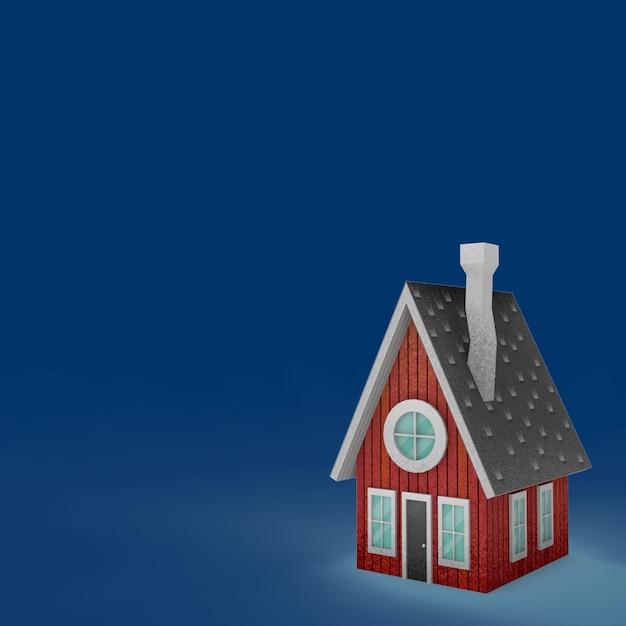 une petite maison avec un ciel bleu et un toit couvert de neige
