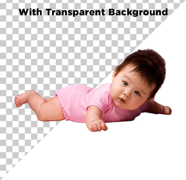 Petite petite fille en robe rose allongée sur le sol PNG PSD isolée sur un fond transparent
