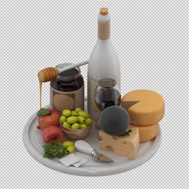 PSD petite table avec vin provolone olives pomme rendu 3d