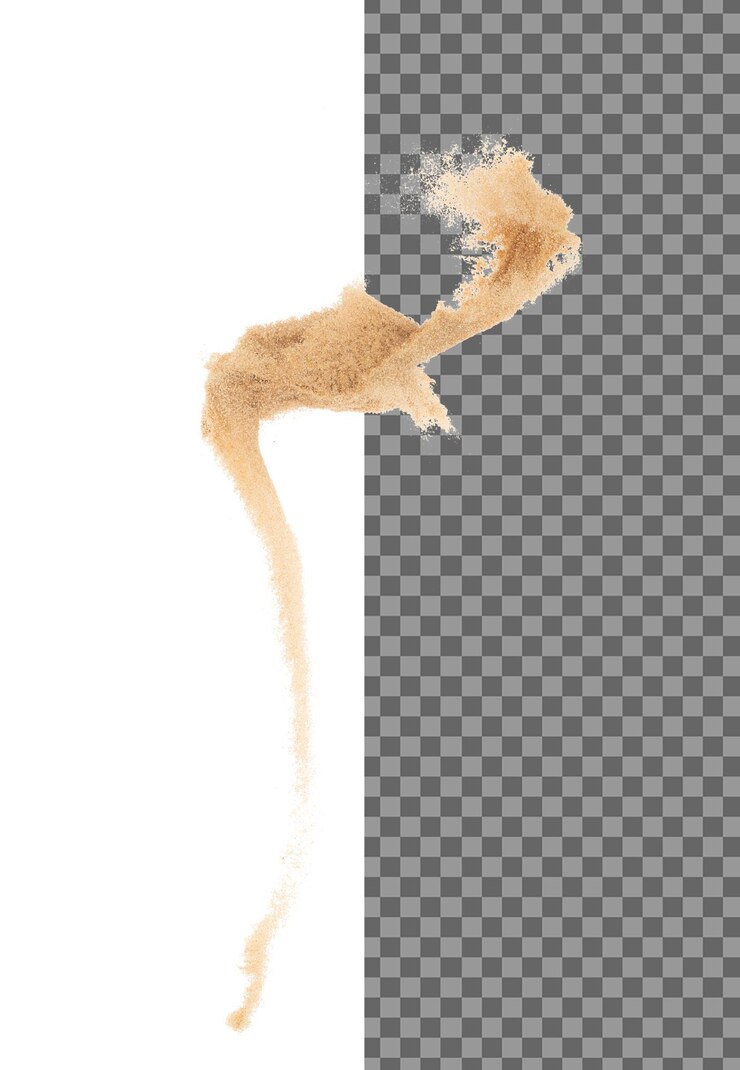 PSD petite taille fine explosion de vol de sable onde de grain doré explosion vol de nuage abstrait éclaboussure de sable de couleur jaune éclabousse de silice dans l'air fond blanc obturateur à haute vitesse isolé tirage de congélation