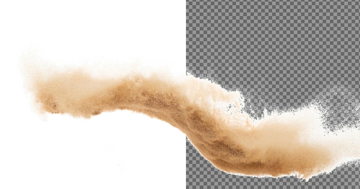 Petite taille fine explosion de vol de sable onde de grain doré explosion vol de nuage abstrait éclaboussure de sable de couleur jaune éclabousse de silice dans l'air fond blanc obturateur à haute vitesse isolé tirage de congélation