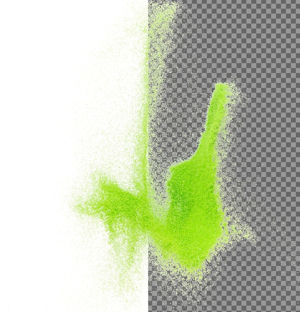 PSD petite taille vert sable volant explosion sables végétaux ondes de grain exploser vol nuage abstrait éclaboussure de sable de couleur verte jetant dans l'air fond blanc obturateur à haute vitesse isolé jetant gel