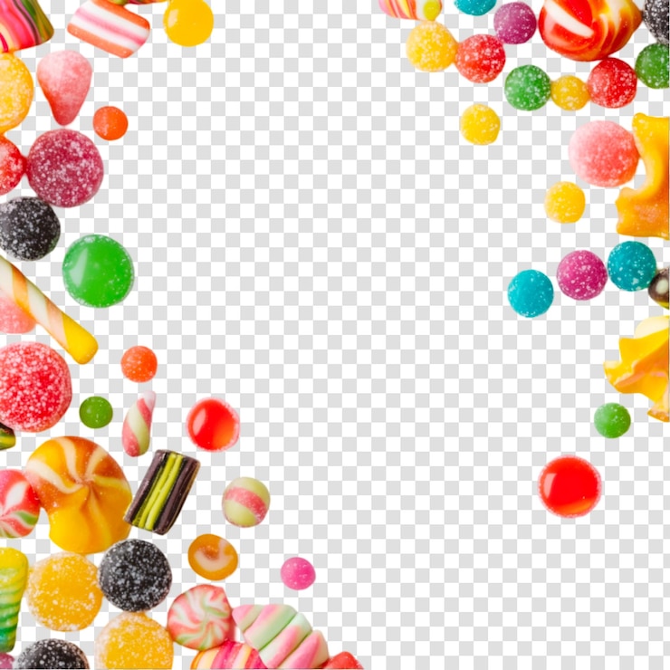 PSD des petits bonbons éparpillés sur un fond transparent