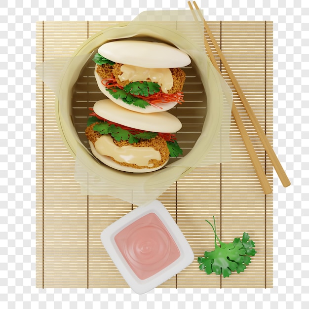 Petits Pains Bao 3d Cuits à La Vapeur Avec Crevettes Tempura Servis Dans Un Cuiseur Vapeur En Bambou Sur Papier Parchemin Avec Sauce