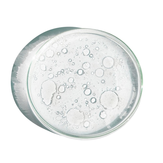 PSD petri dish petris cup with liquid chemical elements oil cosmetics gel water molecules viruses closeup on a empty background