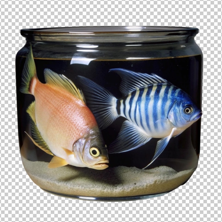 PSD el pez ángel y el salmón nadan en un frasco transparente de colores vibrantes