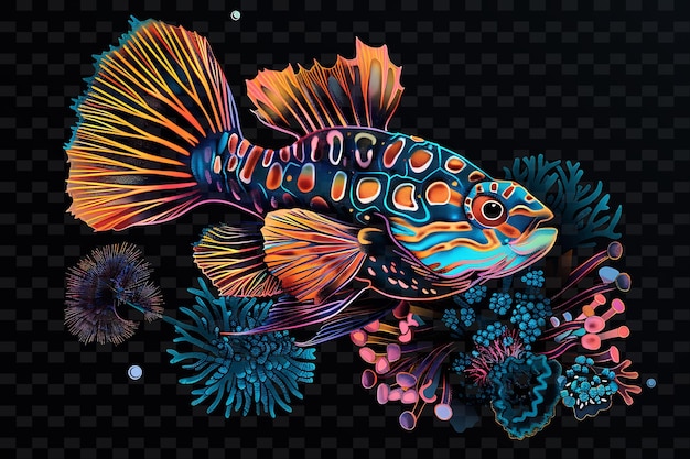 PSD un pez colorido con color naranja y azul se sienta en una superficie negra