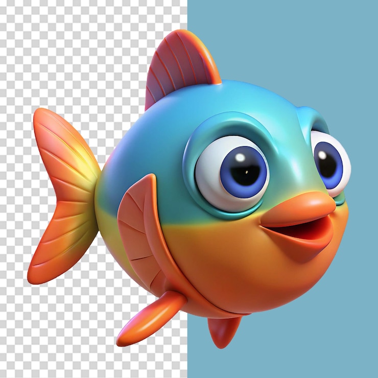 PSD pez de dibujos animados en 3d de colores con ojos grandes aislados en un fondo transparente