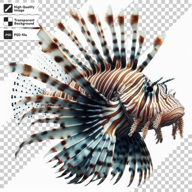 El pez león psd florida es una especie invasora que se encuentra cerca de la costa en un fondo transparente con edi