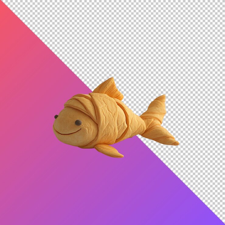 PSD pez lindo hecho de croissant pastelería arte alimentario aislado en fondo transparente