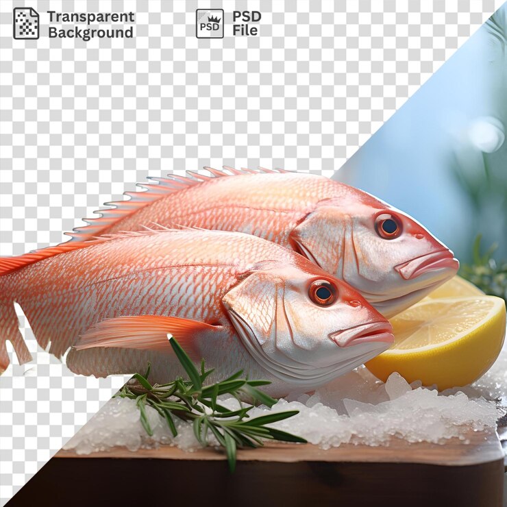 PSD un pez naranja con un ojo azul se sienta en una mesa de madera al lado de un limón
