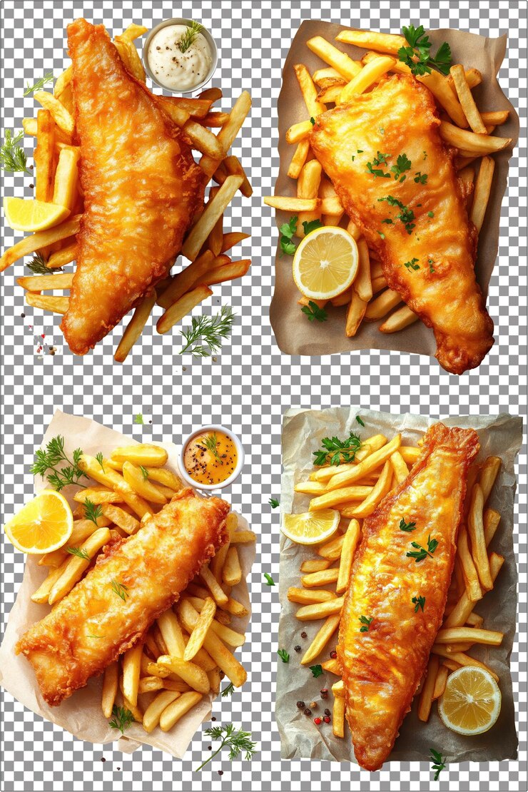 Pez y patatas fritas plato de mariscos crujientes y escamosos hiperrealista aislado con fondo transparente claro