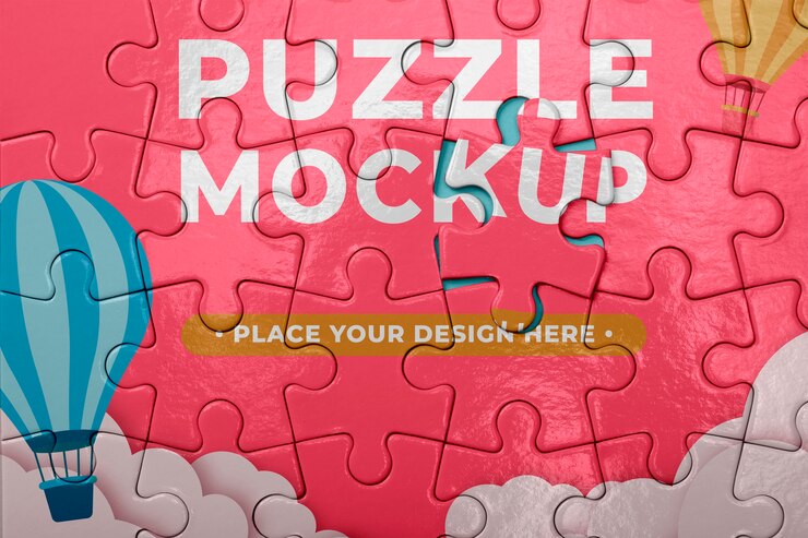 PSD pezzi del puzzle con mongolfiera e nuvole
