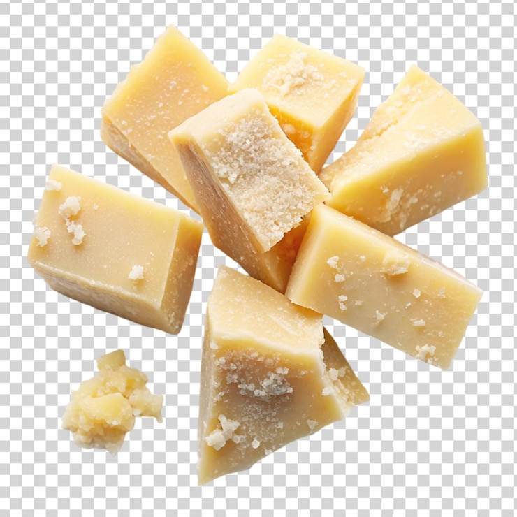 PSD pezzi di formaggio parmigiano vista dall'alto isolati su uno sfondo trasparente