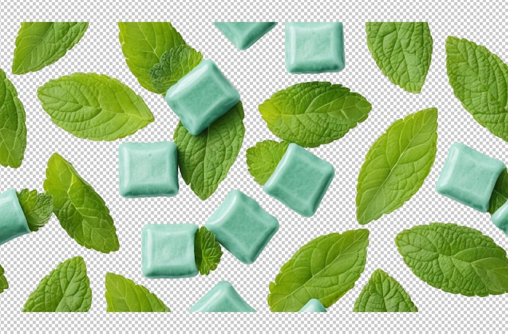 PSD pezzi di gomma da masticare con foglie di menta scoppiate