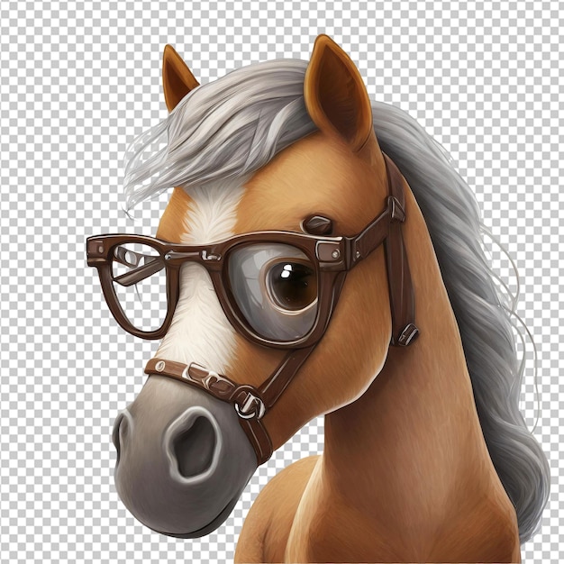 PSD pferd mit blauer mähne und brille, isoliert auf durchsichtigem hintergrund