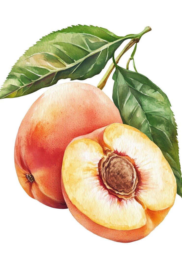 PSD pfirsich aquarellzeichnung eines reifen pfirsichs auf einem isolierten hintergrund png