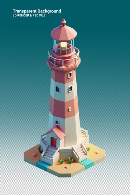 PSD un phare avec un toit rose et un bâtiment avec un toit blanc