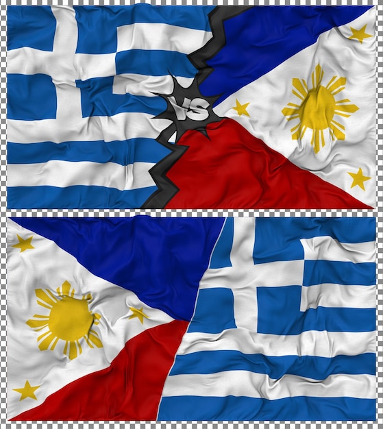 Philippinen gegen Griechenland Halbkombinierte Flagge Stoff-Bump-Textur 3D-Rendering