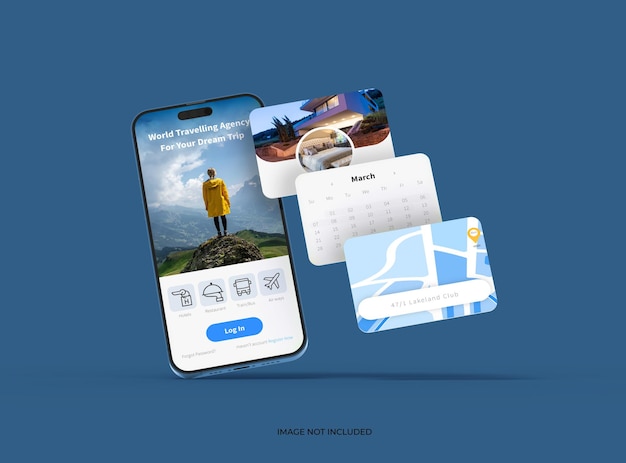 Phone 14 pro Isometric Mockup Design of Mobile App Screens avec popups séparés ui ux app concept 3d render