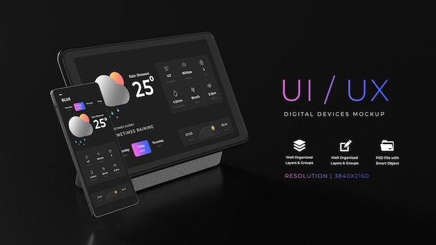 Phone and tablet Mockup with Dark Background UI UX Design Fully Editable