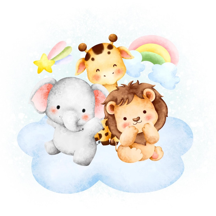 PSD une photo d'un animal en peluche et d'un lion sur un nuage