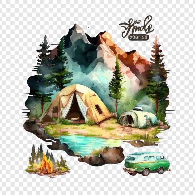 PSD une photo d'un camp de montagne avec un camping-car et des montagnes
