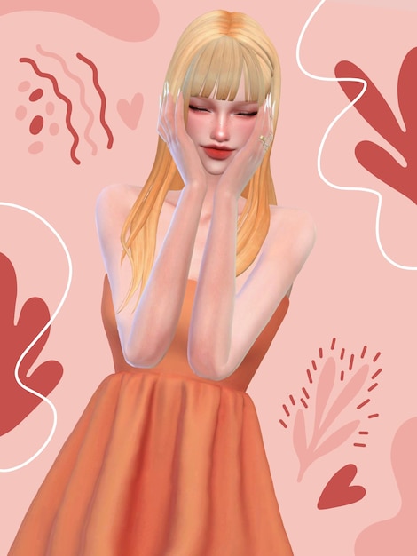 Une photo d'une charmante fille dans une robe orange sur une toile de fond abstraite colorée