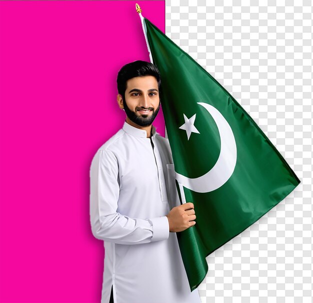 PSD photo d'un citoyen pakistanais tenant un drapeau pakistanais sur un fond blanc isolé