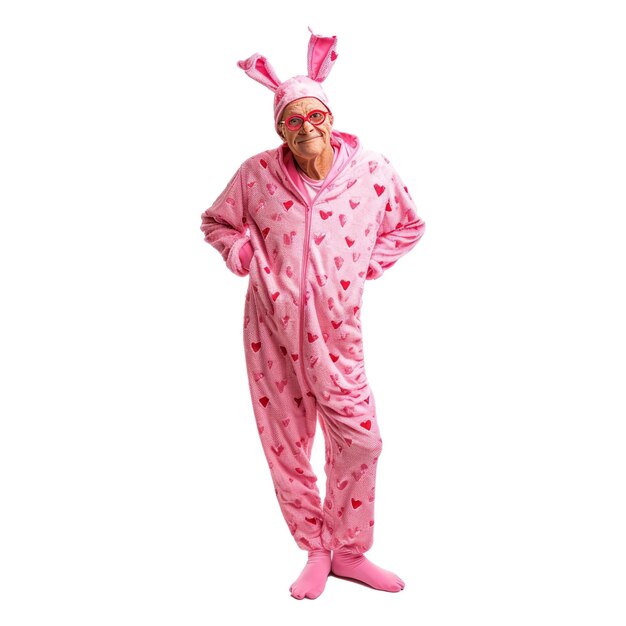 PSD une photo complète d'un homme charmant et funky, un retraité habillé en lapin rose, une chemise de nuit, des lunettes de cœur, un espace vide.