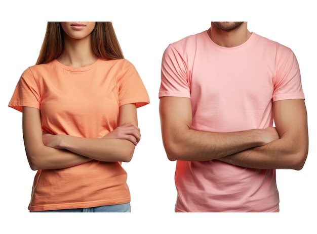 Photo en dessous de la ceinture de personnes joyeuses d'apparence exotique brune avec les bras croisés vêtue d'un T-shirt de couleur carotte coincé dans des jeans type en T-shirt pêche