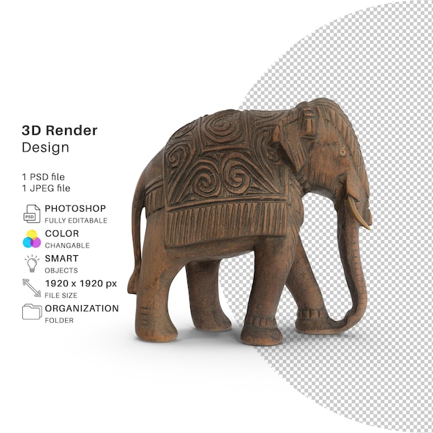 PSD une photo d'un éléphant en bois avec les mots 3d dessus.