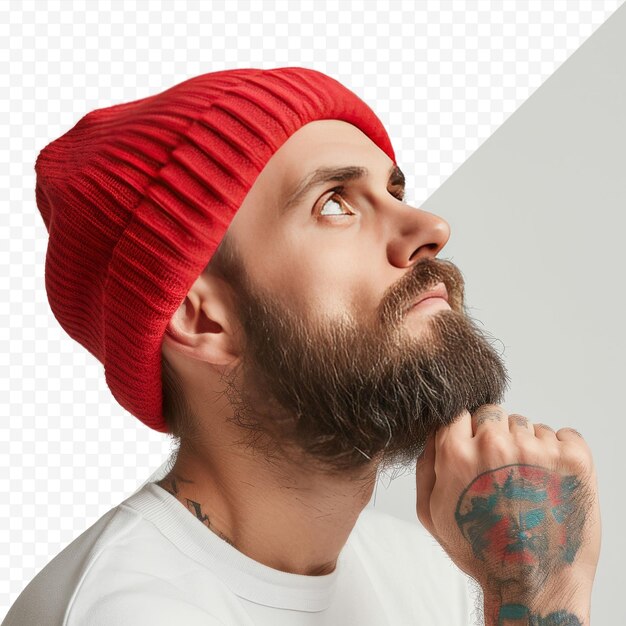 PSD photo en gros plan d'un homme réfléchi regardant de côté isolé sur un mur de fond isolé blanc en attente d'inspiration pensant jeune homme barbu en chapeau rouge tenant le poing sur le menton