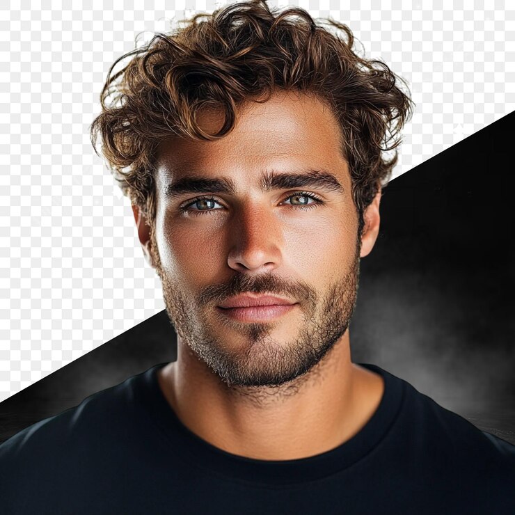 PSD une photo d'un homme aux cheveux bouclés et une chemise noire