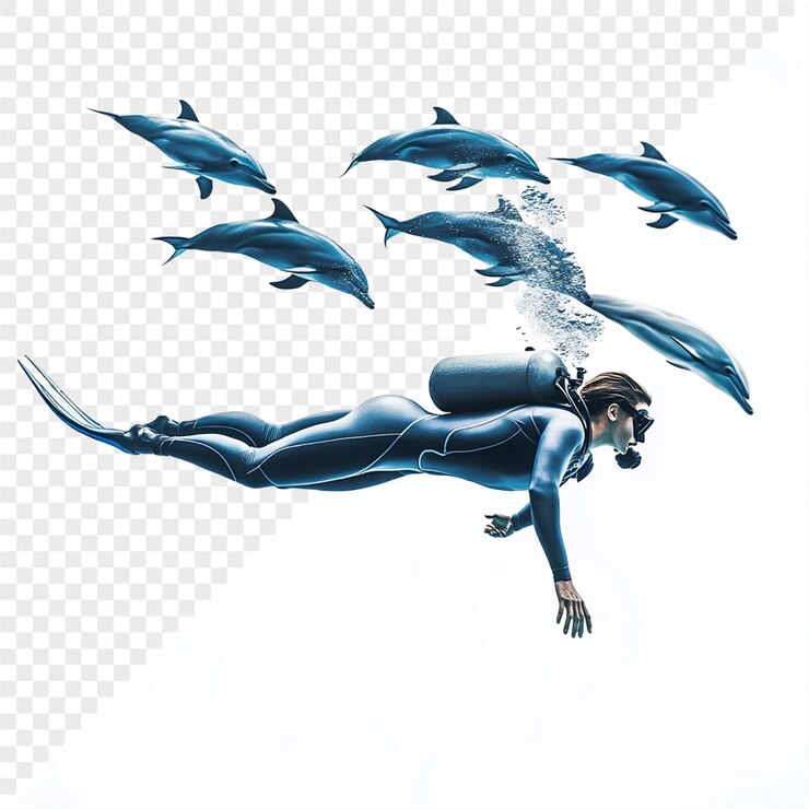 PSD une photo d'un homme nageant dans un dauphin avec des dauphins