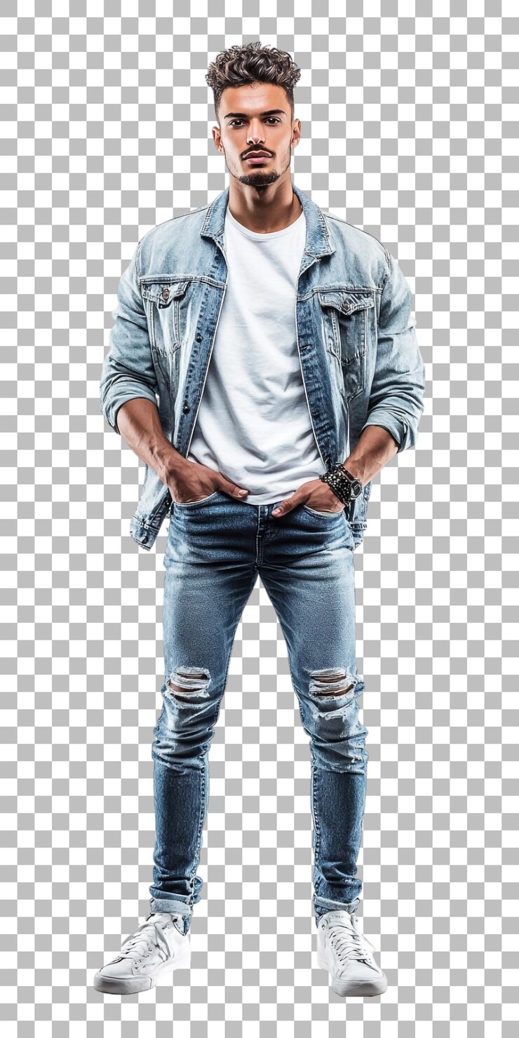 PSD une photo d'un homme portant une veste en jean et un jean