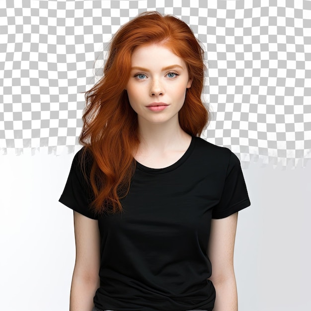 PSD photo d'une jeune et belle femme rousse avec une chemise noire blanche isolée sur un fond transparent