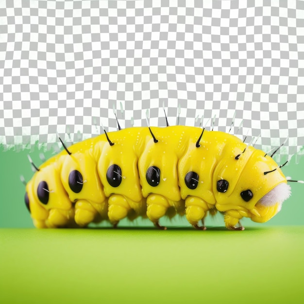 Photo macro d'une chenille jaune une larve d'insecte sur un transparent