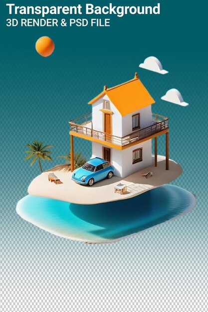 PSD une photo d'une maison avec une voiture garée sur la plage