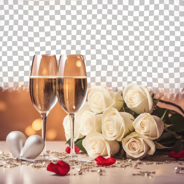 PSD photo de mariage magnifique avec des roses blanches champagne et décor de cœur rouge fond transparent