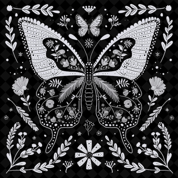 PSD une photo en noir et blanc d'un papillon avec des fleurs et des papillons